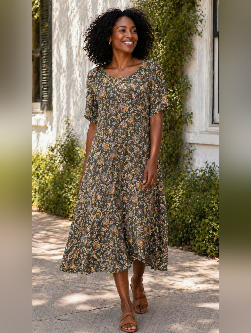 Lauren Ralph Lauren Floral Midi Dress Green Cotton Stretch Short Sleeve XL
